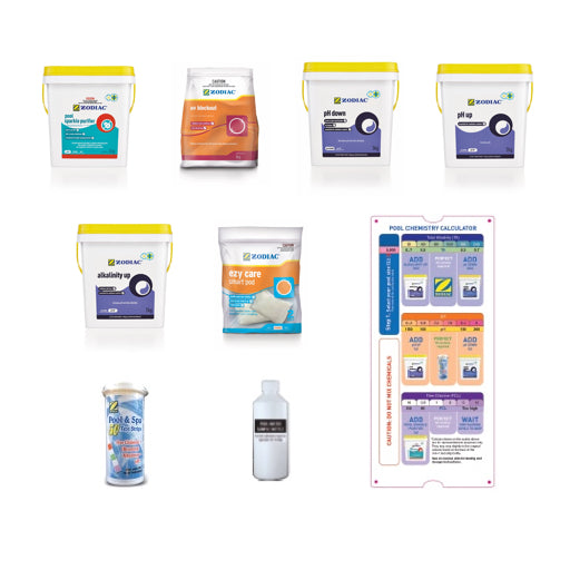 Picture of various chemicals in Zodiac Chemical Starter Kit